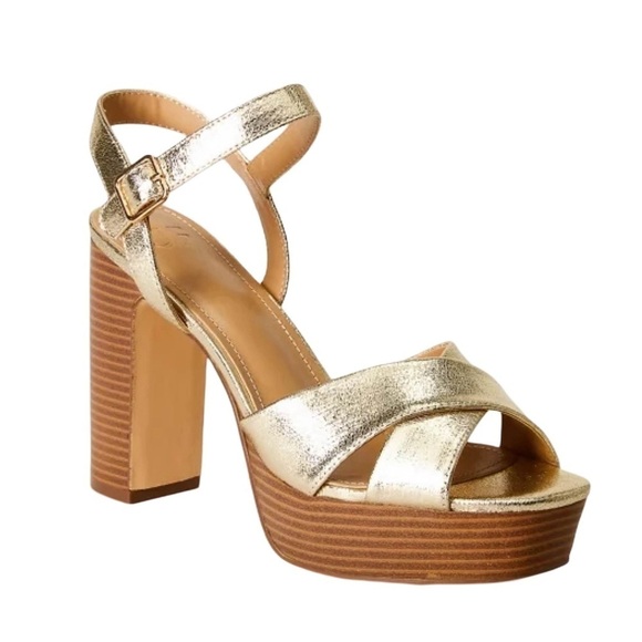 JUST FAB • Gold Tina Crossover Platform Heeled Sandals Includes Box - Picture 1 of 8